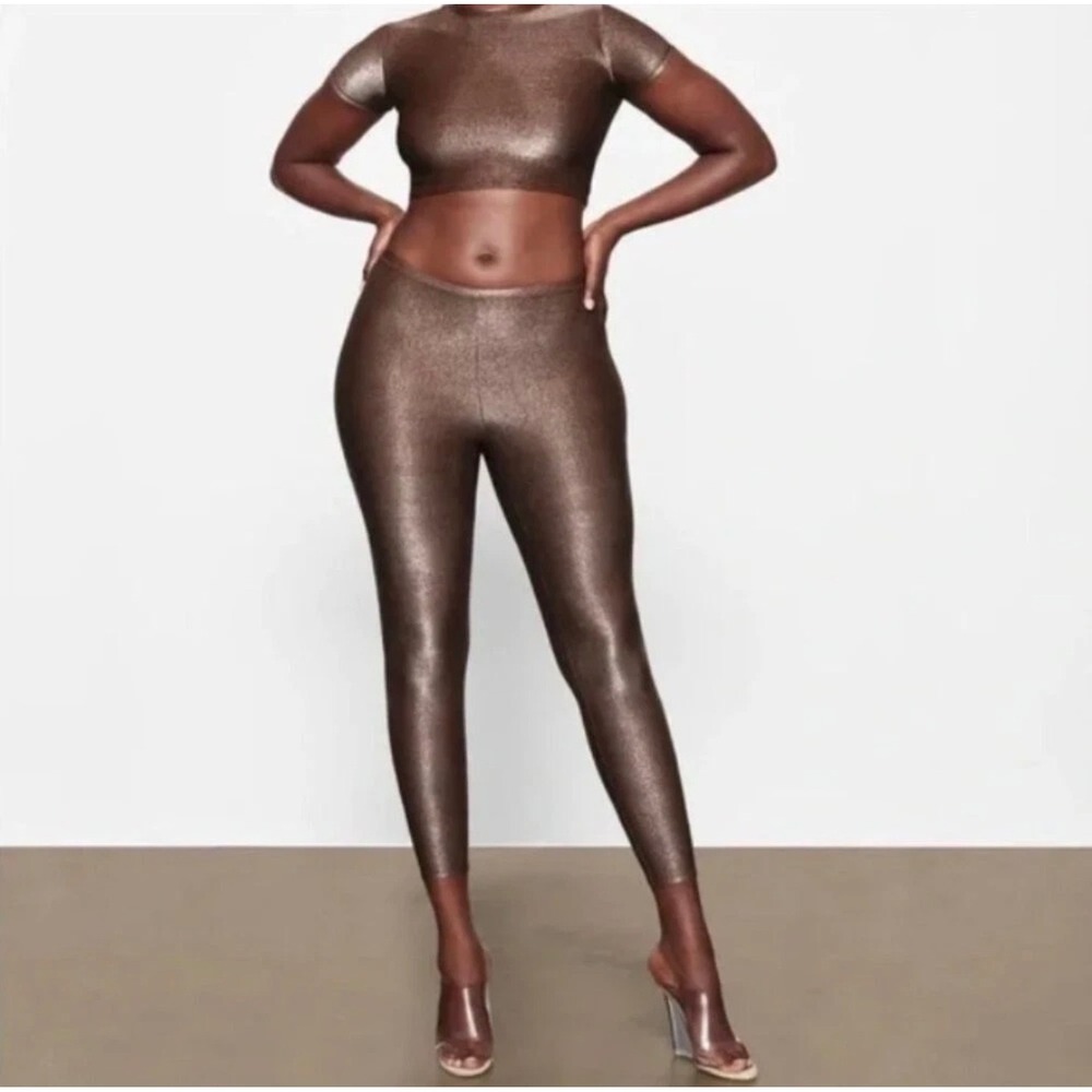 NWT SKIMS XL Cocoa Brown Sparkle Glitter Stretch Leggings High Rise Stretch - Picture 12 of 13